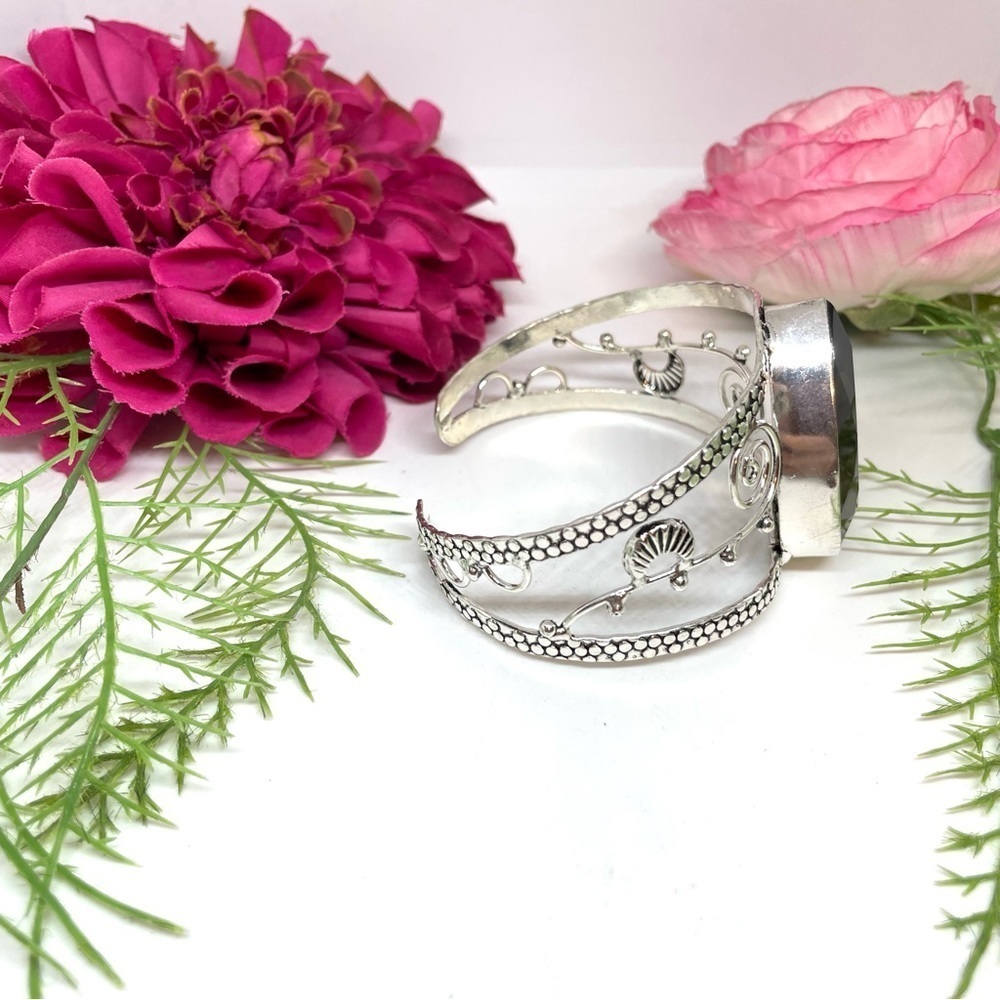 NEW⚜️STERLING SILVER Smoky Quartz Ornate Cuff Bracelet - Picture 7 of 9